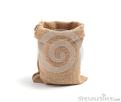 Brown empty sack bag, small isolated on white background Stock Photo