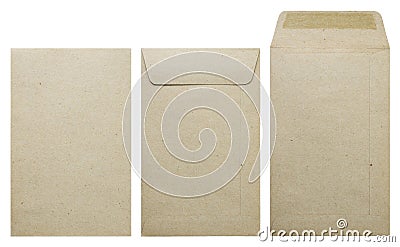 Brown envelope front, back and open isolate on white background. Stock Photo