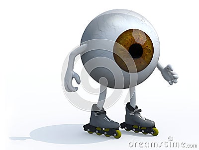 Brown eyeball with arms, legs and roller skates on feet Cartoon Illustration