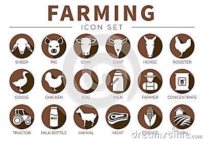 Brown Farming Icon Set with Farm Animals of Sheep, Pig, Cow, Goat, Horse, Rooster, Goose, Chicken, Egg, Milk, Farmer, Concentrate Vector Illustration