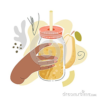 Brown Female Hand With Pear Juice Vector Illustration