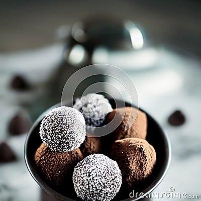 Brown filled cocoa powder truffles, pralines, dessert, confectionery, food, cooking - AI generated art, generative AI Stock Photo