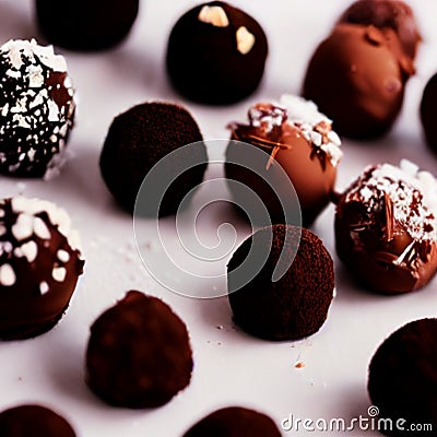 Brown filled dark chocolate and cocoa powder truffles, praline, dessert, confectionery, cooking, food - AI generated, generative Stock Photo
