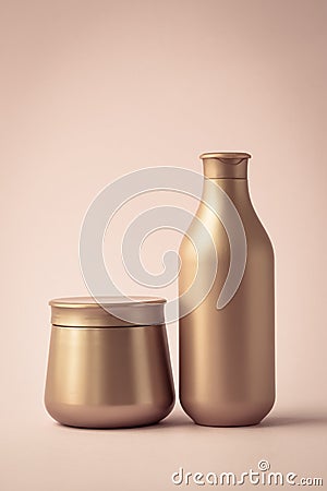 Brown flacon of shampoo and plastic jar of mask, copy space. Set of cosmetic bottles with empty place for text. Beauty products. Stock Photo