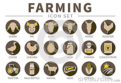 Brown Flat Farming Icon Set of Sheep, Pig, Cow, Goat, Horse, Rooster, Goose, Chicken, Egg, Milk, Farmer, Concentrate, Tractor, Vector Illustration