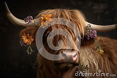 Brown fluffy cow with fresh flowers in fur. Generate ai Stock Photo
