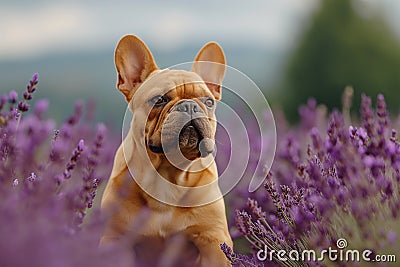 Brown french bulldog dog sitting in a field of purple lavender. The image is generated with the use of an AI. Stock Photo