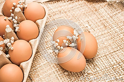 Brown fresh hen`s eggs on textile. Stock Photo