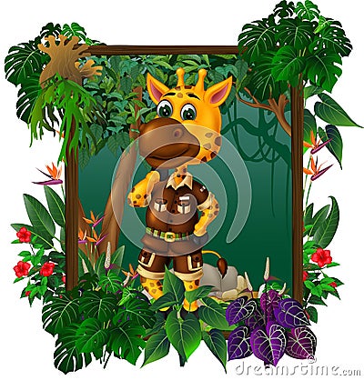 Brown Giraffe In Forest With Tropical Plant And Flower Cartoon Stock Photo