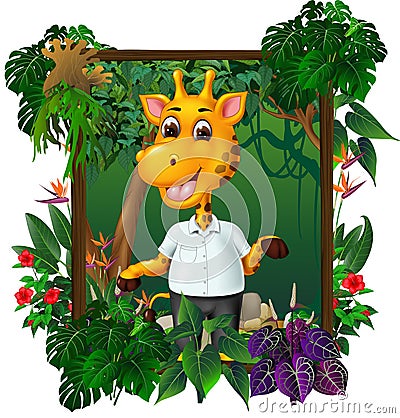 Brown Giraffe Wearing White Shirt With Ivy Plant and Flower Cartoon Stock Photo