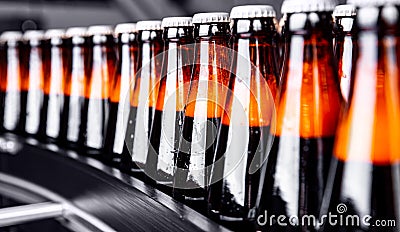 Brown glass beer drink alcohol bottles, brewery conveyor, production line Stock Photo