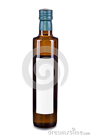 Brown glass olive oil or vinegar bottle with white label isolated on white. Product design template. Blank label for design. Sale Stock Photo