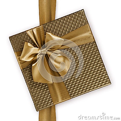 Brown golden color gift box with ribbon and bow isolated on white background, top view Stock Photo