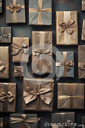 Brown and gray gift group with ribbons on gray background. Stock Photo