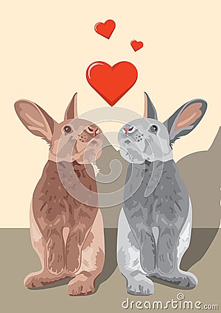 Brown and gray Rabbits standing with big cute bunny ears being in love for valentines Vector Illustration