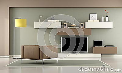 Brown and green living room with television set Stock Photo