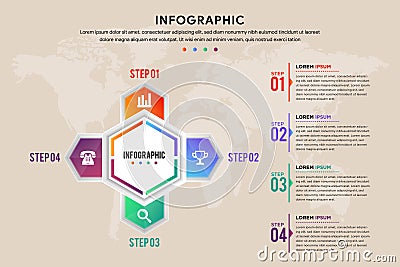 The square flowing of four step of Infographic template. hexagon arrow element designs Vector Illustration