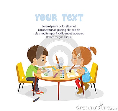 Brown hair Boy and Girl sit in profile at the round table and draw picture with watercolor and pencils. Drawing activity Vector Illustration