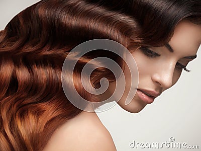 Brown Hair. Portrait of Beautiful Woman with Long Wavy Hair. Stock Photo