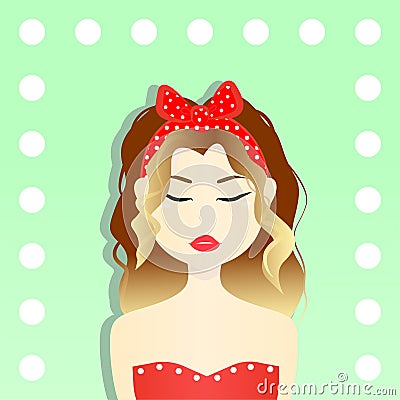 Brown haired woman girl in red dress with red bow and white circles on it, with red lips and closed eyes on light green Vector Illustration