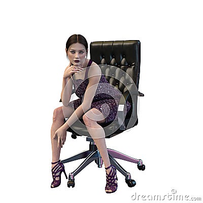 Brown-Haired Woman in Maroon Knee-Length Cocktail Dress with Strappy High Heels in Chair , 3D Rendering, 3D Illustration Stock Photo