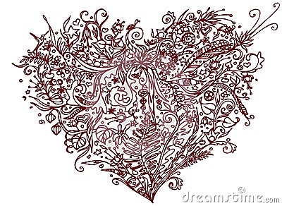 Brown heart in zentangle style. Isolated on white background. Herbal pattern for adult coloring book anti stress Line art. Vector Illustration