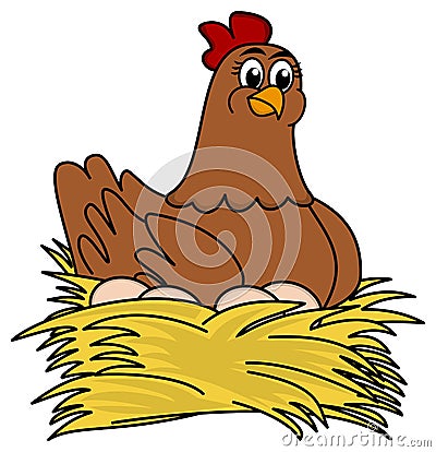 Brown hen brooding eggs Vector Illustration