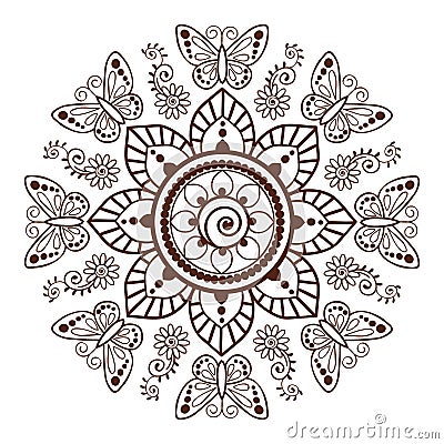 Brown Henna Flowers and Butterflies Pattern Illustration 1 Vector Illustration