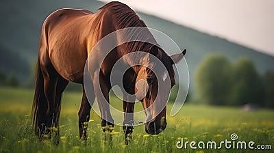 brown horse grazing on green grass in a field one generative AI Stock Photo