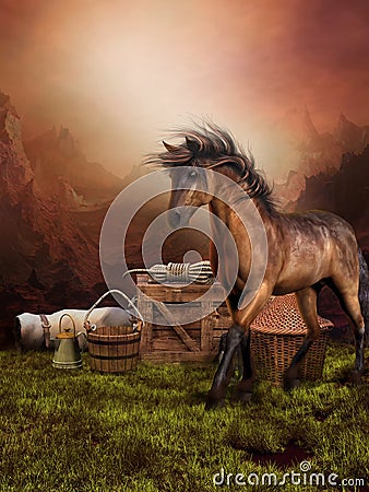 Brown horse on a meadow Stock Photo