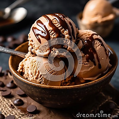 brown ice cream and sweet chocolate on wooden board Stock Photo