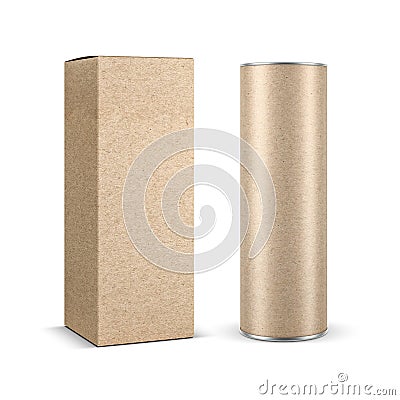Brown kraft paper Box Mockup with paper tube tin can isolated on white background Stock Photo