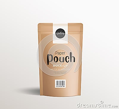 Brown kraft paper pouch bags, front view with stickers label, packaging mock up template design Vector Illustration