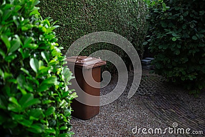 Brown large plastic bin for trash on backyard, around of tree hedge Stock Photo