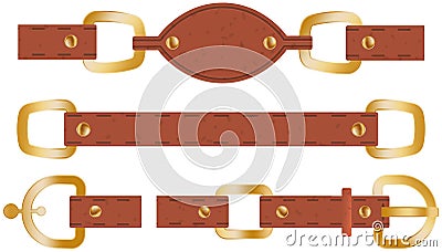 Brown leather belt set with buttoned steel buckle with metal rivet accessories isolated on white Vector Illustration