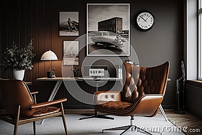 brown leather chair in modern office, surrounded by sleek black and white decor Stock Photo