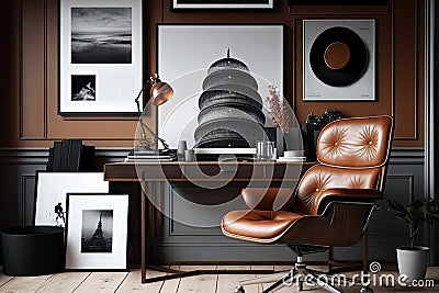 brown leather chair placed in sleek and modern office, surrounded by stylish decor Stock Photo