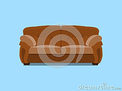 Brown leather chester sofa. illustration. Comfortable lounge for interior design isolated on blue background. Modern Cartoon Illustration