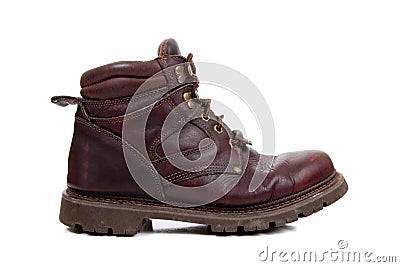 A Brown leather hiking boot on white Stock Photo