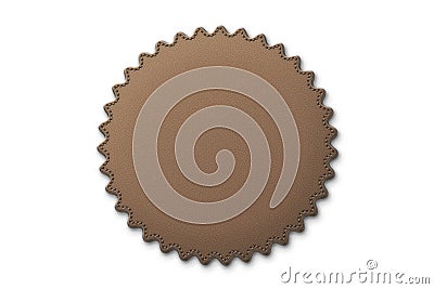 Brown leather label circle shape with stitches. Leather patch with seam. Cartoon Illustration