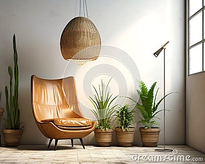 Brown leather mid-century wing chair near potted houseplants against window. Boho home interior design of modern living room. Stock Photo