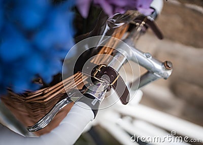 Brown leather strap buckle for bicycle basket filled with beautiful blue and purple flowers Stock Photo