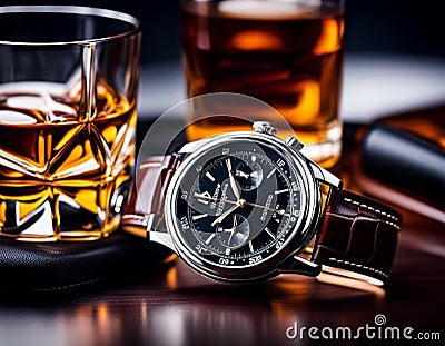 A brown leather strap watch, with a glass of whisky and a bottle of whisky beside it Cartoon Illustration