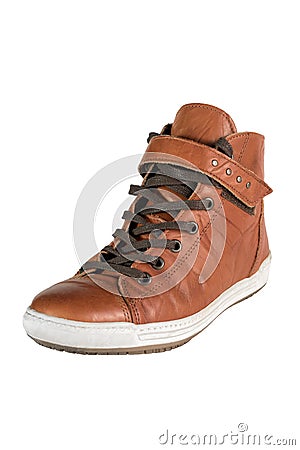 Brown leather top Snickers with laces and Velcro for long, daily street walks. Demi-season, semi-sports, comfortable and Stock Photo
