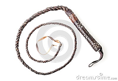 Brown leather whip isolated on white Stock Photo