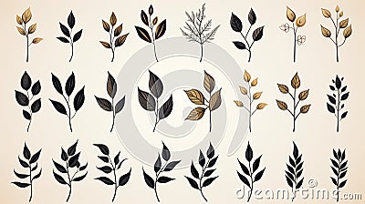 Minimalistic Hand Drawn Leaves In Gold, Black, And White Cartoon Illustration