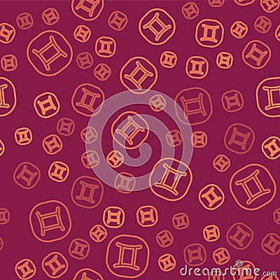 Brown line Gemini zodiac sign icon isolated seamless pattern on red background. Astrological horoscope collection Vector Illustration