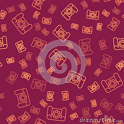 Brown line Graphing paper for engineering and gear icon isolated seamless pattern on red background. Vector Vector Illustration