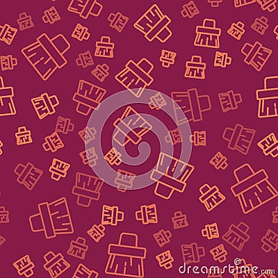 Brown line Handle broom icon isolated seamless pattern on red background. Cleaning service concept. Vector Vector Illustration