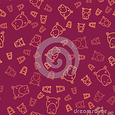 Brown line Hippo or Hippopotamus icon isolated seamless pattern on red background. Animal symbol. Vector Vector Illustration